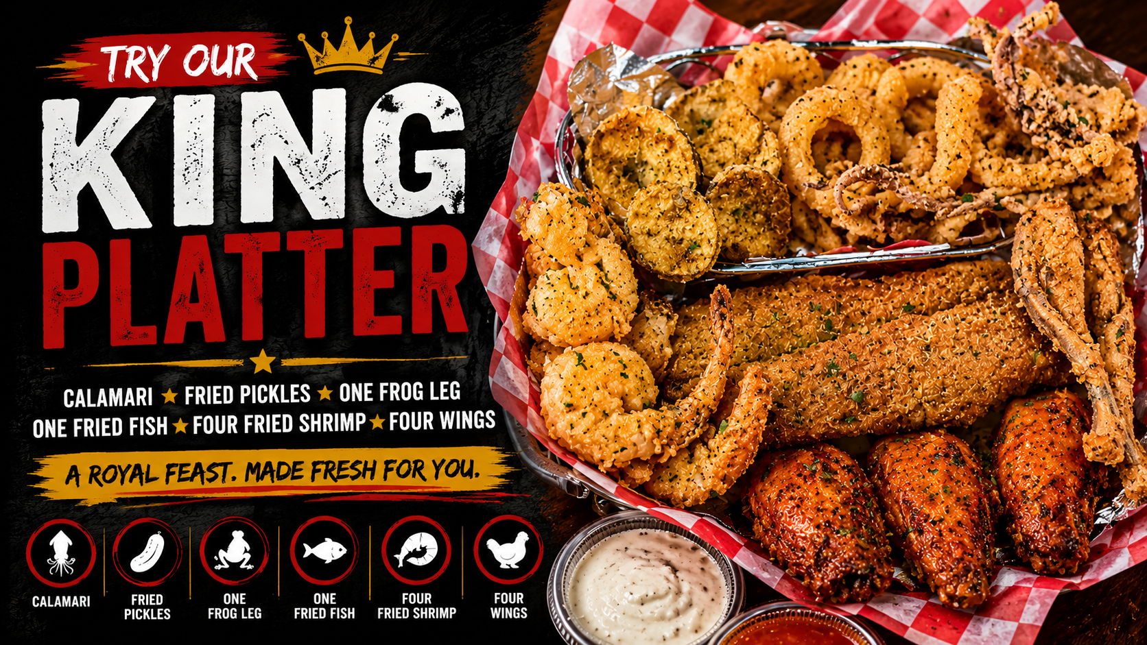Off The Hook King Platter featuring fish, shrimp, wings, frog legs and sides