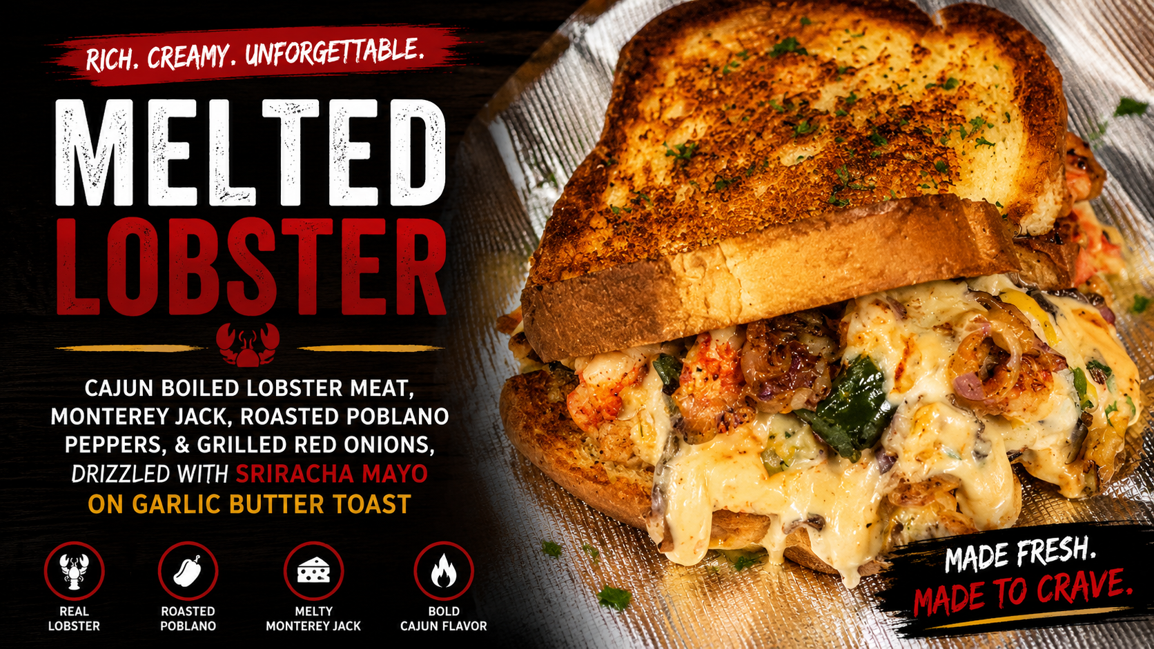 Off The Hook Melted Lobster sandwich served on garlic butter toast